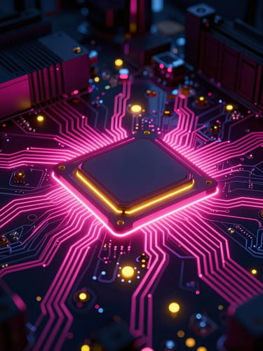 Macro shot of a glowing server motherboard trace, intense neon pink laser lines illuminating copper pathways, dark low-key cybernetic environment, 3d render