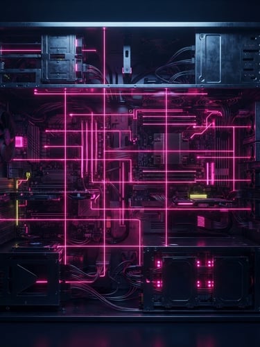futuristic 3d render of a bare-metal server chassis, low-key dark navy lighting, vibrant neon pink laser lines slicing across the hardware, octane render