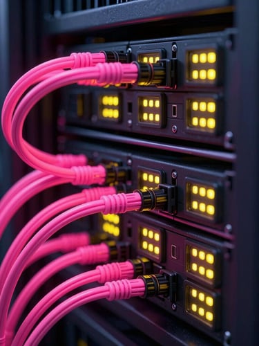 Macro close-up of a high-density server rack, glowing neon pink fiber optic cables, intricate yellow status LEDs, dark cybernetic atmosphere, octane render 3d.