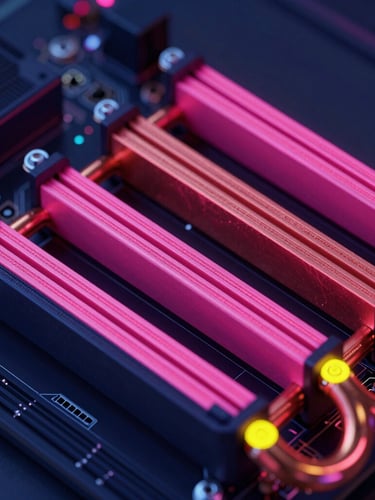 Extreme close-up of a high-performance server motherboard, copper heat pipes, glowing neon pink fiber optic channels, dark navy shadows, futuristic 3d render