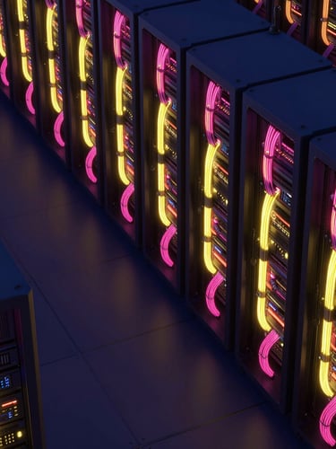 Isometric wide-angle view of a futuristic data center corridor, glowing yellow and pink fiber optic cables running along server racks, dark navy atmosphere, 3d render