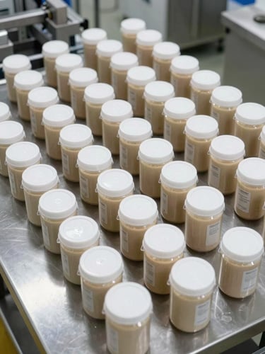 Overhead shot of a clean industrial food packaging station, labeled containers arranged in rows on stainless steel surface under bright facility lighting, no people, emphasizing process and scale