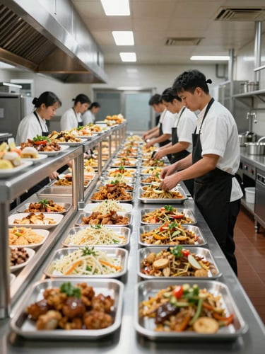 Wide environmental shot of a large industrial catering kitchen in full operation, uniformed staff moving along a hot-line service counter, trays of prepared food in organized rows under bright overhead lighting, stainless steel equipment throughout