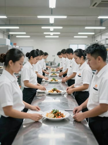 Wide shot of uniformed food service staff at an industrial site, workers in matching branded uniforms at a food service counter, bright facility lighting, organized workstations visible behind them, no faces as focal points