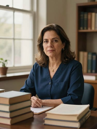 Retrato editorial de la Dra. Aída Lizárraga en su estudio académico, rodeada de libros de medicina y lingüística, luz natural suave de ventana, tono azul profundo y dorado, formato vertical