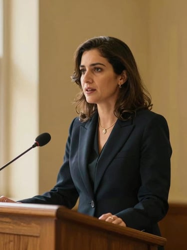 Warm editorial portrait of a female medical academic, Dra. Aída Lizárraga, in a professional dark navy blazer, speaking at an elegant wooden lectern with soft window light, deep navy and gold tones, shallow depth of field