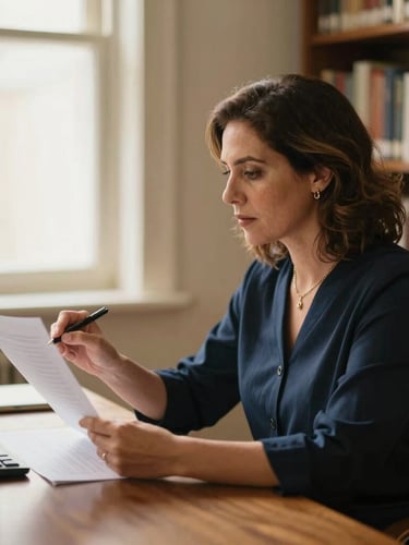 Retrato editorial de perfil de la Dra. Aída Lizárraga analizando un abstract médico en su escritorio, iluminación cálida de biblioteca, enfoque suave