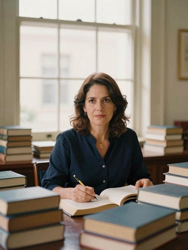 Dra. Aída Lizárraga en un estudio académico rodeada de libros de medicina, luz natural de ventana, tono editorial cálido, estilo cinematográfico de 35mm