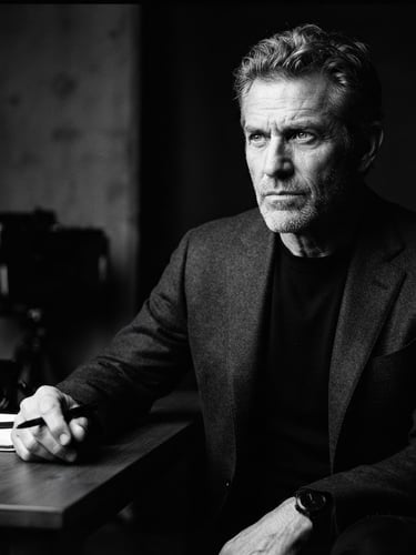 High-contrast black-and-white portrait of a senior creative director in a minimalist studio, hard side lighting, deep shadows, 35mm