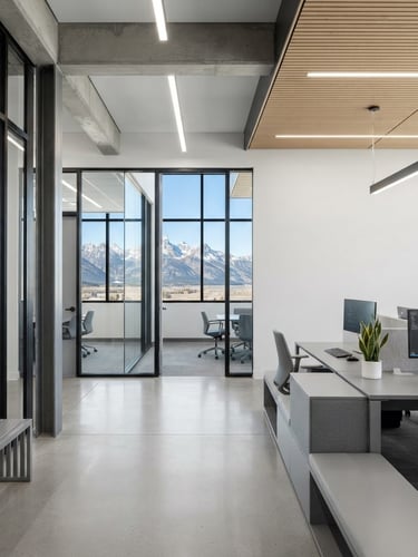 Clean corporate office interior in Wyoming, bright neutral daylight, minimalist slate gray furniture, architectural framing, sharp focus