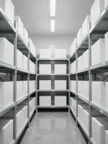 Organized modern logistics warehouse, clean shelves, bright daylight, high clarity, architectural framing, focusing on order and structure