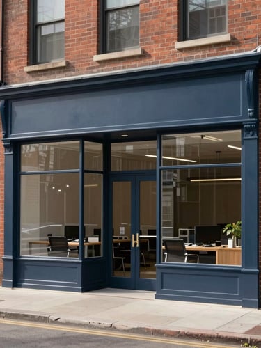 Medium-wide architectural shot of a modern brick-and-mortar storefront in a clean commercial district, soft natural morning daylight, professional 35mm photography, muted navy and slate tones.