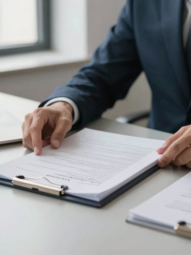 Close-up of professional hands reviewing official municipal documents on a clean slate-colored desk, soft office window light, organized corporate environment, professional 35mm photography.