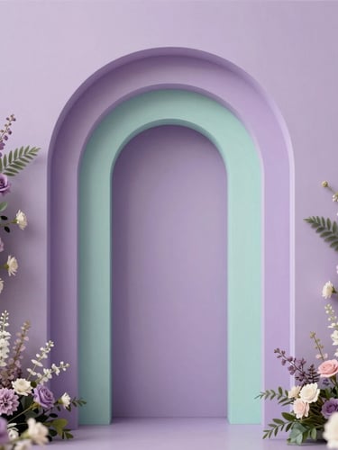 A tall, architectural arch backdrop in soft lilac and mint tones, framed by delicate floral installations under soft, diffused natural light.