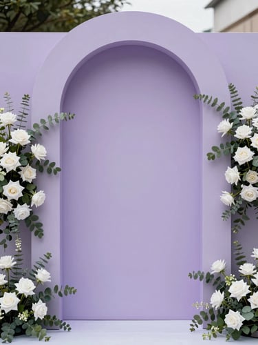 A portrait crop of a modern arched backdrop panel in soft lilac, flanked by architectural floral installations with white roses and eucalyptus, bright diffused natural daylight.