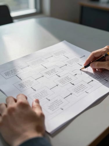 Extreme close-up of hands pressing flat a large organizational process-flow diagram spread across a matte conference table surface, cool north-facing window light raking across the paper from upper left, pencil annotations visible at chart intersections, deep shadows framing the edges of the document