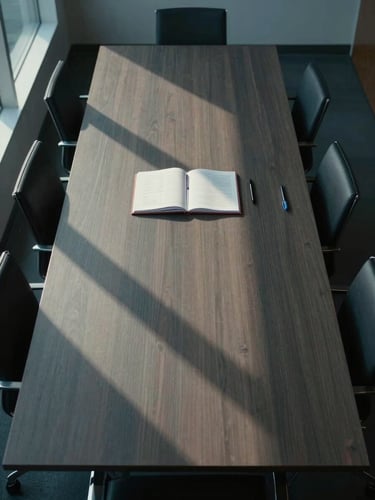 Wide overhead view looking straight down at a large rectangular conference table in a minimal boardroom, a single open binder and two aligned pens visible at one end, cool north-facing daylight raking across the table surface from a tall window at frame left, deep shadow at the far edge, no people