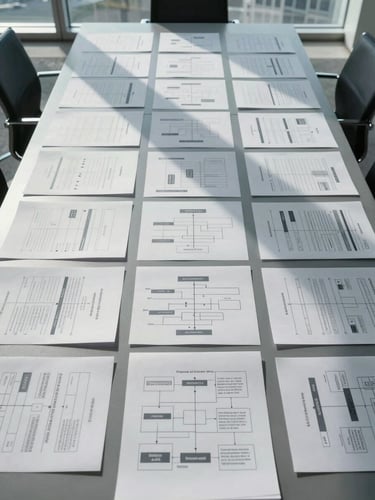 Wide environmental shot from above, a large conference table surface covered in precisely arranged process flow documents and structured organizational charts, cool north-facing daylight from tall windows casting clean shadows, no people, extreme order and deliberate spacing between each document group, matte surfaces only