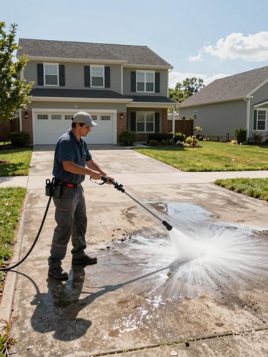 Wide residential exterior shot from left side, a professional cleaner pressure-washing a suburban Maryland home's driveway in bright clear daylight, concrete surface visibly transitioning from dark grime to clean white on the right half, equipment hose in frame, documentary framing