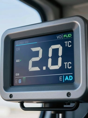 Close-up of a digital telemetry screen inside a truck cabin displaying precise temperature readings at 2.0 degrees Celsius, sharp modern interface, clean industrial design, crisp daylight