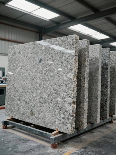 Wide workshop interior showing rows of granite and quartz slabs standing vertically in steel A-frames, north-facing skylights casting even cool light across the stone surfaces, fabrication equipment visible in the background, no people