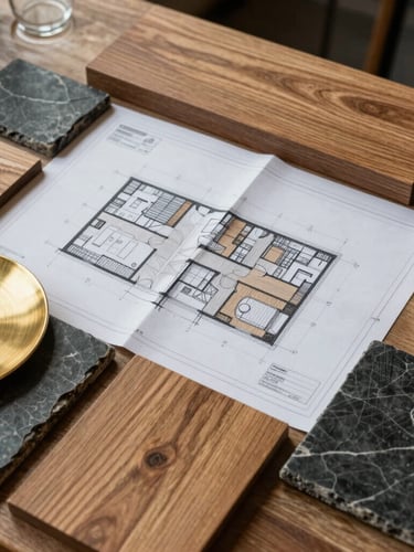 A top-down architectural blueprint of a cafe counter layout, overlaid with physical samples of oak wood, brushed brass, and dark slate tiles under soft natural side-light.