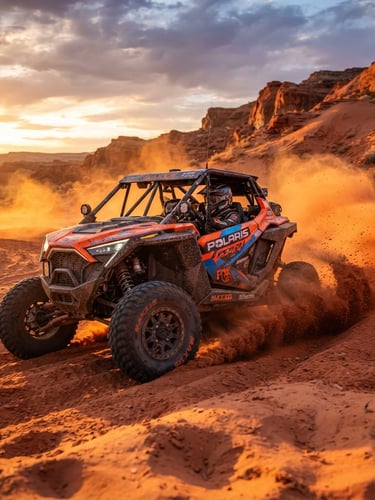 Low-angle dynamic action shot of a custom-built Polaris UTV kicking up red Utah dust in Sand Hollow, dramatic golden-hour rim lighting, 35mm.