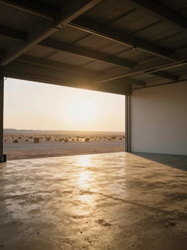 A clean industrial showroom with a custom-built SxS under dramatic spotlighting, polished concrete floor.