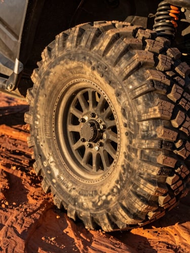 Close-up of rugged UTV tire treads gripping red slickrock, harsh high-contrast desert sunlight, mechanical grit