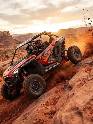 Low-angle dynamic shot of a high-performance Polaris RZR climbing a steep red slickrock ledge in Sand Hollow, kicking up a light red-dirt roost, dramatic golden-hour rim lighting, 35mm.