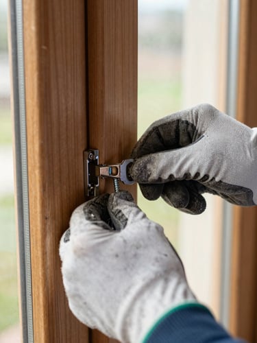 Close-up of a technician's gloved hands re-seating a wooden door frame on site, misaligned hinge visible, natural daylight from a nearby window, raw wood grain and metal screws in sharp focus, no staging