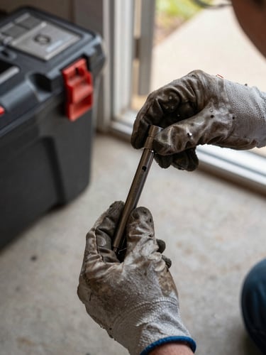 Tight framing of a technician's hands holding a worn lock cylinder next to an open toolbox on a doorstep, site daylight from the right, worn work gloves visible at the wrist