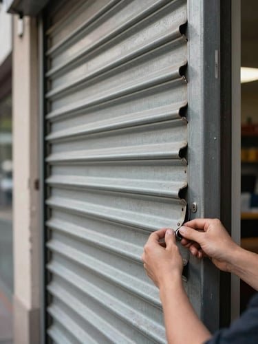 Close-up of a bent metal shutter rail on a commercial storefront, natural daylight from street level, hands visible gripping a misaligned slat mid-repair, concrete and paint-worn wall in background
