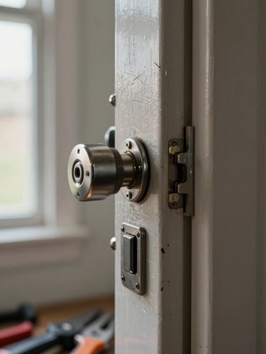 Close-up of a forced door cylinder, scratched metal housing partially pulled from the door face, natural daylight from a hallway window catching the damaged lock face, hand tools visible at the lower edge of the frame