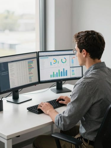 Medium shot from slightly above, professional man in business casual working at a standing desk in a bright Herndon office, dual monitors displaying analytics dashboards, neutral north-facing window light, clean white walls, no clutter