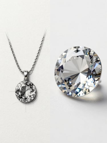 A split-screen presentation showing a graphite jewelry sketch on the left and a hyper-realistic 3D gemstone render on the right, soft diffused studio lighting, clean white background