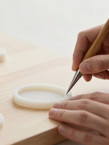 Close-up of a designer's hands meticulously carving a wax jewelry mold on a clean wooden workbench, soft diffused studio lighting, minimalist background