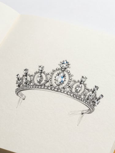Crisp macro photograph of a hand-drawn high-jewelry tiara sketch with graphite and white gouache on textured archival cream paper, soft diffused daylight, minimalist white backdrop