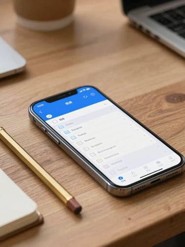 A close-up, natural daylight photo of a clean wooden workbench. On the desk sits a smartphone displaying a simple, structured blue-and-white inbox interface with labeled folders, next to a brass pencil and a physical notebook.