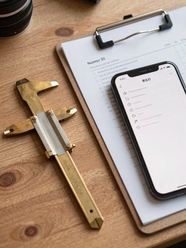 A top-down macro shot of a wooden workshop table with a brass caliper, a physical clipboard with a paper checklist, and a smartphone showing a simple checklist app. Warm natural morning light.