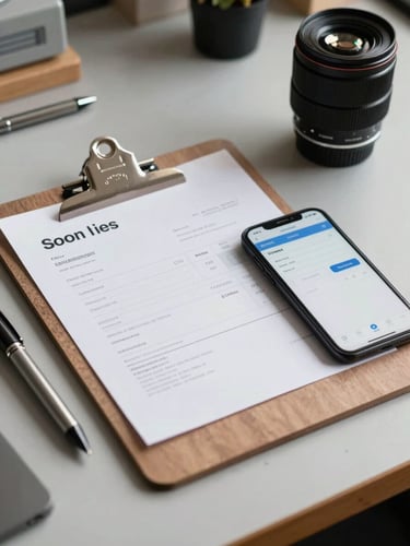 A physical wooden clipboard resting on a clean workshop table, natural daylight, a pen and a smartphone showing a simple invoice-sorting interface.