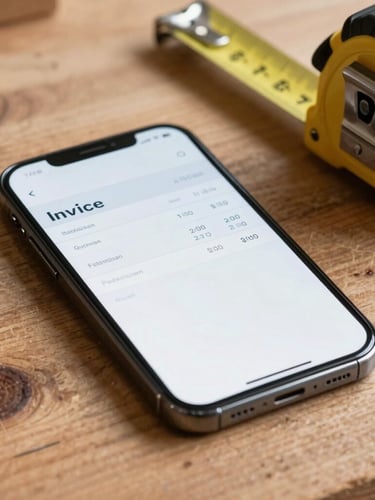 A close-up of a smartphone resting on a wooden workshop table next to a metal tape measure, showing a clean, simple invoice draft with large, clear numbers.