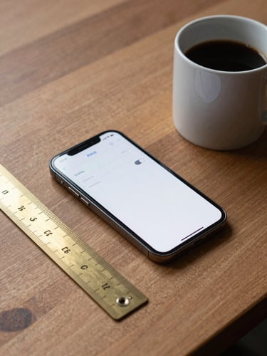 A clean, unpolished wooden desk with a brass ruler, a physical coffee mug, and a smartphone displaying a simple, structured app interface with toggle switches.