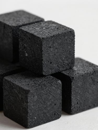 Macro studio shot of perfectly geometric black charcoal cubes stacked on a clean, light surface, sharp angles, fine texture, high contrast daylight