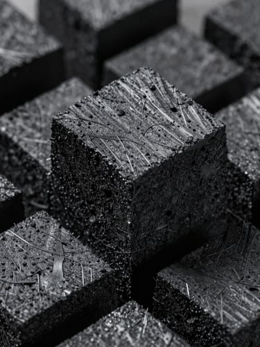Macro studio shot of perfectly geometric black coconut charcoal briquettes, sharp edges, high contrast natural daylight, deep shadows emphasizing texture.