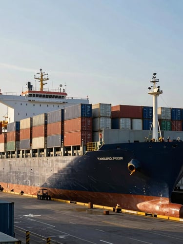 Wide-angle industrial shot of a cargo ship being loaded at Tanjung Priok port in Jakarta, high-contrast morning light, deep shadows, organized shipping containers.
