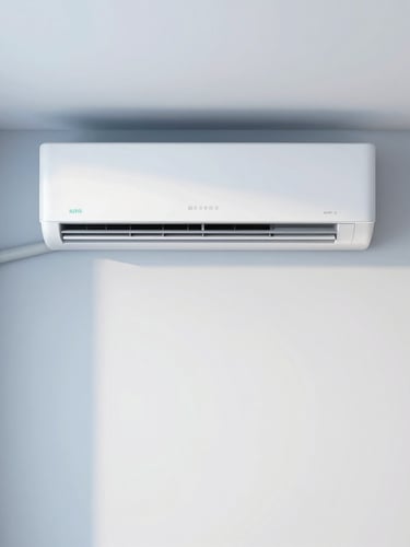 Straight-on architectural shot of a sleek modern indoor air conditioning unit perfectly integrated into a clean minimalist living room, bright natural daylight, cool blue and white tones, sharp focus.