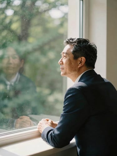 A mid-to-senior professional in a quiet moment of strategic reflection, looking out a large window, soft natural side-lit daylight, 35mm warm editorial photography.