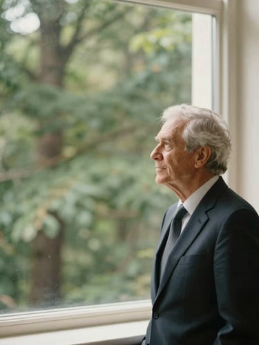 A senior professional in a quiet moment of strategic reflection next to a large window, warm editorial photography, soft natural window light, deep forest green and ivory tones, shallow depth of field, 35mm.