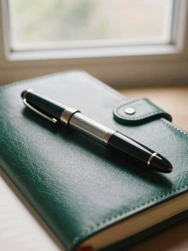 Close-up of a fountain pen resting on a structured leather notebook, soft diffused side-lit window daylight, warm editorial, 35mm.